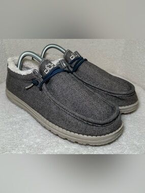 Hey Dude Wally Fleece Lined Grey Gray Brown Slip On Loafers Cozy Lightweight 9